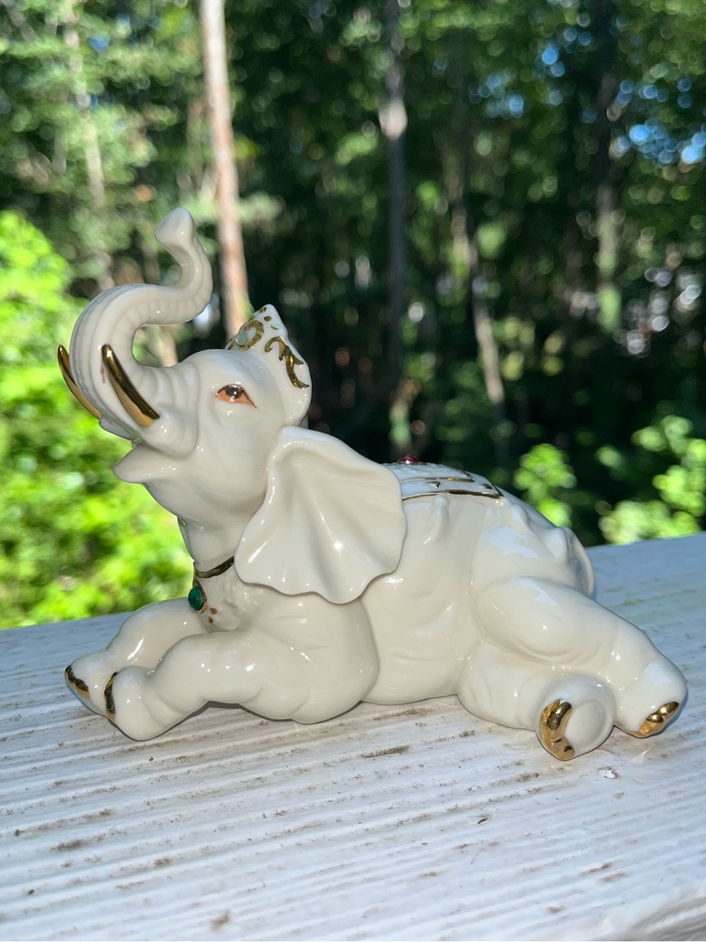 Porcelain Elephant Figurine Jeweled Hindu style Ganesha Gold trim